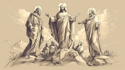 Wall Mural - Biblical Illustration: Transfiguration of Jesus, Mountaintop Scene, Moses and Elijah, Disciples in Awe, Beige Background, Copyspace