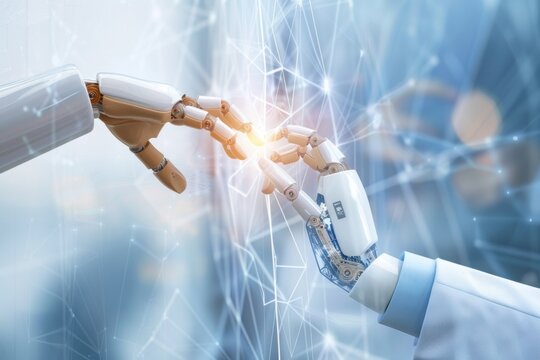 Two robotic hands connecting at fingertips, surrounded by a network of digital connections. Symbolizing collaboration and connectivity in AI development.