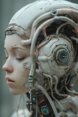 Poster - Contemplative Cyborg Cerebral Device Seamlessly Integrated with Female Subject in Ethereal Futuristic Cinematic Rendering