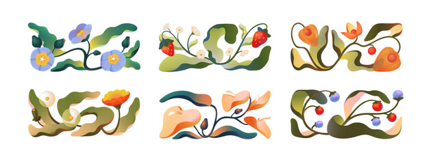 Abstract plants in modern gradient style set. Collection of horizontal botanic compositions of flowers, leaves, foliage, grass. Colourful nature. Flat isolated vector illustrations on white background