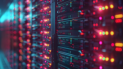 Poster - Row of network servers with glowing LED lights