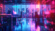 © Sami - Modern neon cyberpunk open space office interior blurred with information technology overlay. Corporate strategy for finance, operations, marketing