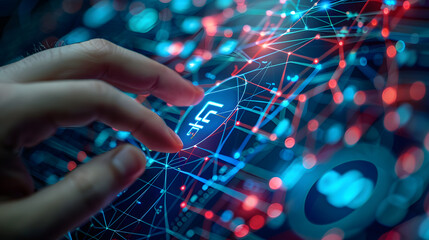 Poster - Hand touching Telecommunication network and wireless mobile internet technology with 5G LTE data connection of global business, fintech, blockchain