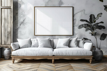 Wall Mural - Mock up of poster frame in wooden floor modern interior behind of couch in living room isolated on bright background, 3D render, 3D illustration.