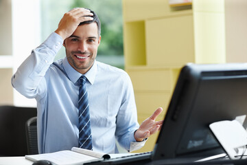 Aufkleber - Business man, computer and happy for online solution, report or results with accounting deadline. Worker, accountant or auditor with relief, satisfied and gesture for bookkeeping software in office