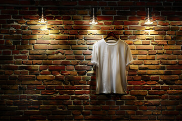 Wall Mural - A white t-shirt is hanging on a brick wall background, showcasing a blank template for design purposes. Mockup template for design print