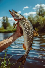 Wall Mural - The fisherman holds a big fish in his hands. Selective focus.