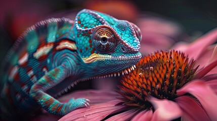 Chameleon on the flower. Beautiful extreme close-up