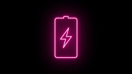 Poster - Neon electric battery icon animation, flickering emergence and fading. Glowing neon battery sign, looped animation. Electric energy, charge station, battery with lightning. Red, pink, purple colors