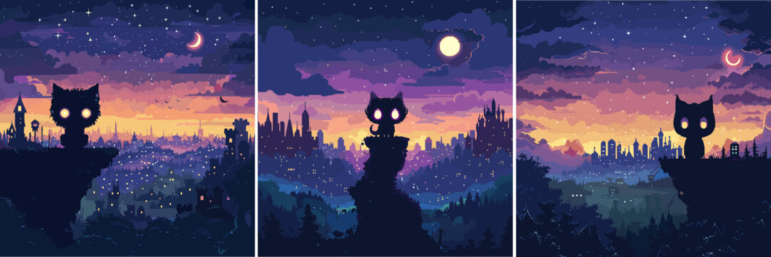 Monster cat character pixel art vector scene. Night predator hunter tail fur glowing eyes moon hill ledge landscape city starry sky gaming arcade 16 bit assets color concepts