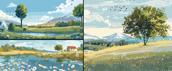 Canvas Print - Panorama village landscape cartoon vector scenes. Meadow house tree clear sky flowers daisies grass mountains birds sunny weather nature purity ecology illustrations