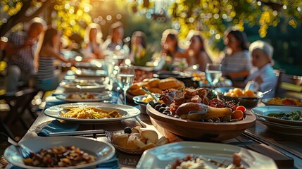 Wall Mural - Food outside on tables in the garden. Selective focus.