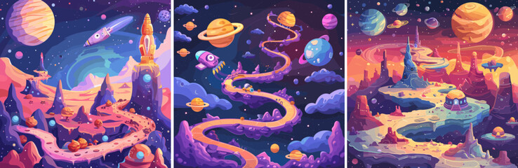 Wall Mural - space game map cartoon vector concepts. rocket starship asteroids planets rocks stones alien land, d