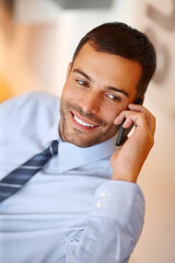 Poster - Phone call, smile or businessman speaking of office project, conversation or deal communication. Consultant, happy or financial advisor networking for investment, negotiation or listening to news