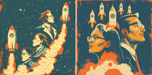 Sticker - Startup idea cartoon style vector concepts. Woman man businessmen suits glasses accessories launch flying rockets smoke space light bulbs characters, retro virtual stylish posters