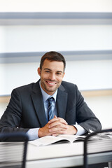 Aufkleber - Happy, businessman and paperwork in portrait for performance review, appraisal or audit in office. Smile, male person or accountant with textbook for company financial report or corporate budget plan