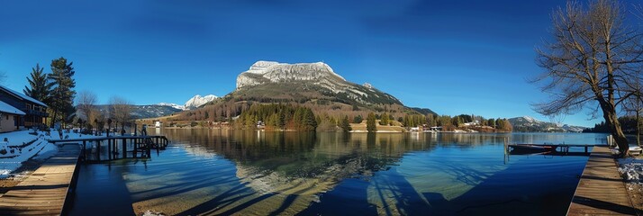 Wall Mural - blue sky ,clean sky, coastline, panorama, aspect ratio 3:1, panoramic, mountain, snow