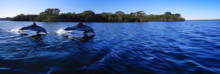 Wall Mural - blue sky ,clean sky, coastline, panorama, aspect ratio 3:1, panoramic, dolphin