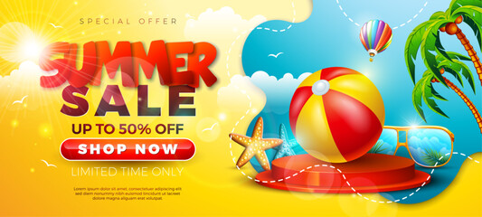 Wall Mural - Summer Sale Design with Beach Ball, Sunglasses and Paper Text Label on Yellow Background. Tropical Floral Vector Holiday Illustration with Special Offer Typography for Coupon, Voucher, Banner, Flyer