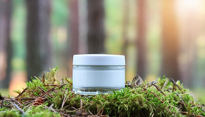 Wall Mural - White cream jar in forest on green moss. Natural cosmetic product for face, body care. Eco friendly.