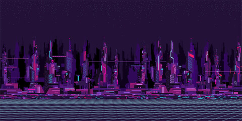 Trendy Colorful Abstract Futuristic Sci-fi Cyber Space City Landscape Vector Illustration Background