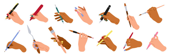 Human writing hands. Arms hold pencils, markers, pens and brushes, different skin colors, artists, writers stationery, office supplies, cartoon flat style isolated tidy vector hobby set