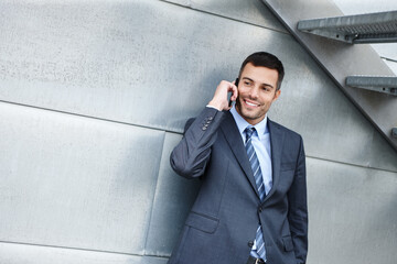 Poster - Phone call, travel or businessman by steps talking for conversation or deal communication. Outdoor, proud banker and happy financial advisor networking for investment, negotiation or news in chat