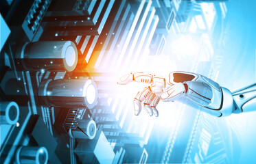 Poster - AI Robot hand touching the motherboard. 3d illustration.