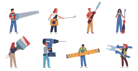 Cartoon tiny craftsmen characters. Repairman in work clothes, men and women with large professional construction tools, drill screwdriver and saw in hands, nowaday vector isolated set