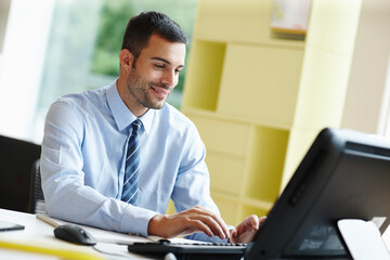 Aufkleber - Happy, businessman and computer for positive feedback, good news or announcement in office. Excited, male person or employee with tech and paperwork waiting for communication and performance review