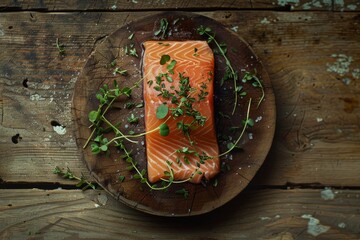 Wall Mural - Premium salmon cooked sous vide with herbs on a vintage wooden plate