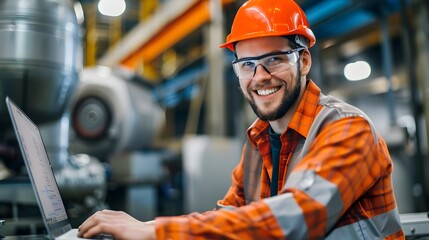 Sticker - Smiling Assistant Engineer in Protective Orange Uniform at Industrial Factory Worksite