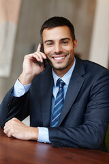Poster - Phone call, portrait or businessman with smile in office or law firm for consulting, legal advice or networking. Mobile communication, happy attorney or lawyer talking in conversation or discussion