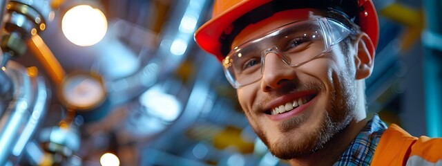 Wall Mural - Smiling Young Construction Worker in Hardhat at Industrial Workplace