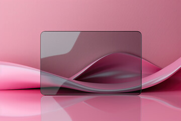 Wall Mural - Transparent glass rectangular card with a wavy pattern on a pink background. Horizontal pink background with glass morphism effect.