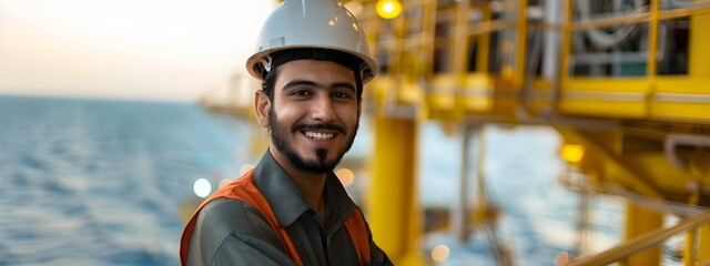 Wall Mural - Smiling Young Petroleum Engineer Overseeing Offshore Energy Production