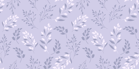 Wall Mural - Pastel seamless pattern with gently abstract tiny branches, little flowers buds. Small silhouettes floral stems printing. Vector hand drawing. Simple ornament for textile, fabric, surface design