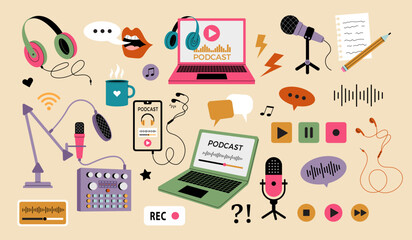 Poster - Podcast. Gadgets for web audio or video streaming headphones microphones laptop recording stuff recent vector stylized flat illustrations