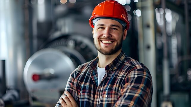young smiling plant engineer working in industrial factory setting