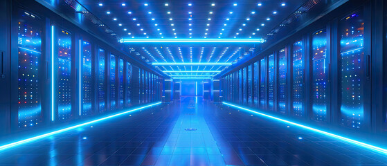 Wall Mural - Blue glowing lights illuminate a futuristic server room corridor.