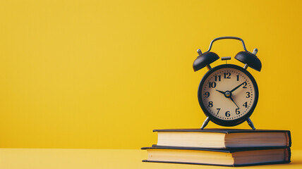 Wall Mural - black alarm clock and books on table against yellow background with copy space for text