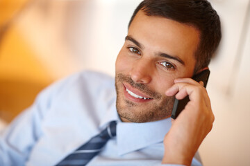 Poster - Phone call, portrait or businessman speaking of office project, conversation or deal communication. Consultant, face and financial advisor networking for investment, negotiation or talking for news