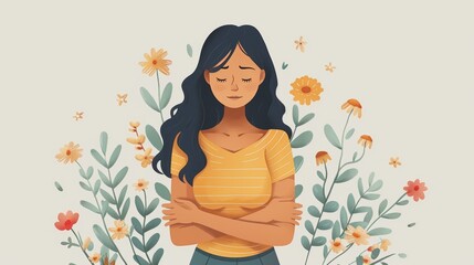 a stylized illustration of a saddened woman surrounded by flowers and a pastel color palette