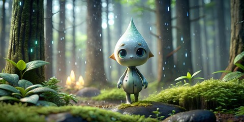 Fototapete - Wallpaper, background, fairy tale cartoon character in the forest during the rain, mini character.