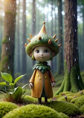 Fototapete - doll on the grass Wallpaper, background, fairy tale cartoon character in the forest during the rain, mini character.