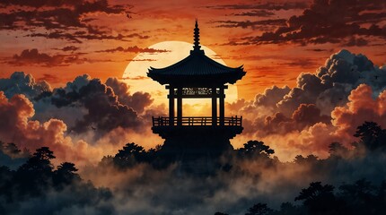 Japanese background with traditional temple silhouette ornaments and beautiful sunset, water color style, copy space, AI generative