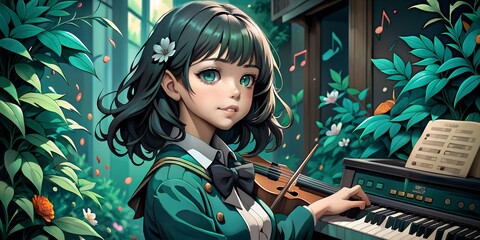 Fototapete - wallpaper, background, music, art art painted girl in green tones, listening to music in headphones, with a violin, with a piano, model