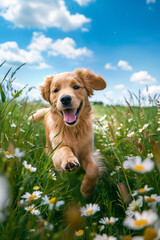 Wall Mural - Friendly happy dog running at fast pace towards the camera in a blossoming flower meadow on sunny summer day. Walking a dog outdoors.