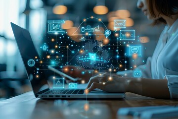Person using laptop with various icons