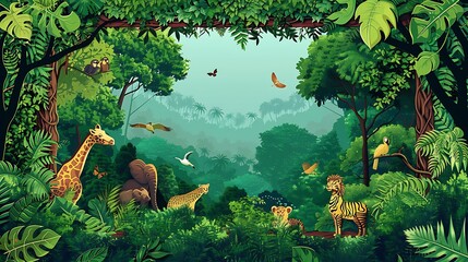 Wall Mural - Create an image frame for World Environment Day with lush green forests and vibrant wildlife, leaving the center empty for a personal message or image